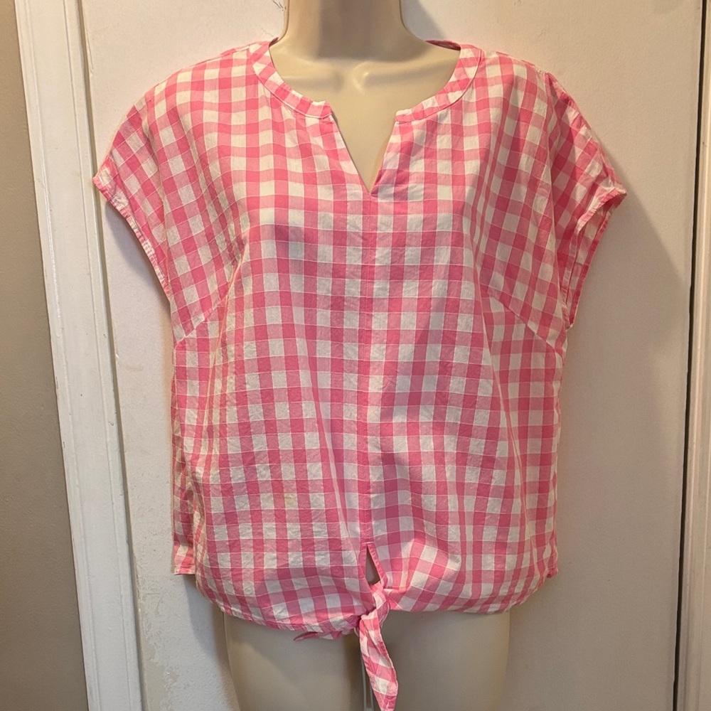 Talbots Petite LP Pink Gingham Tie-Front Top cotton 26-112-1